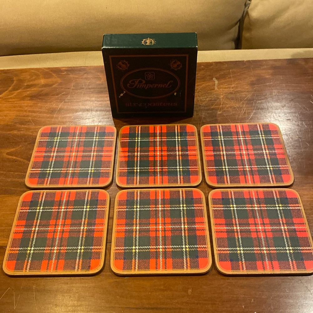 Pimpernel Coasters Royal Steward Red Plaid Set of 6 Cork Backed Original Box